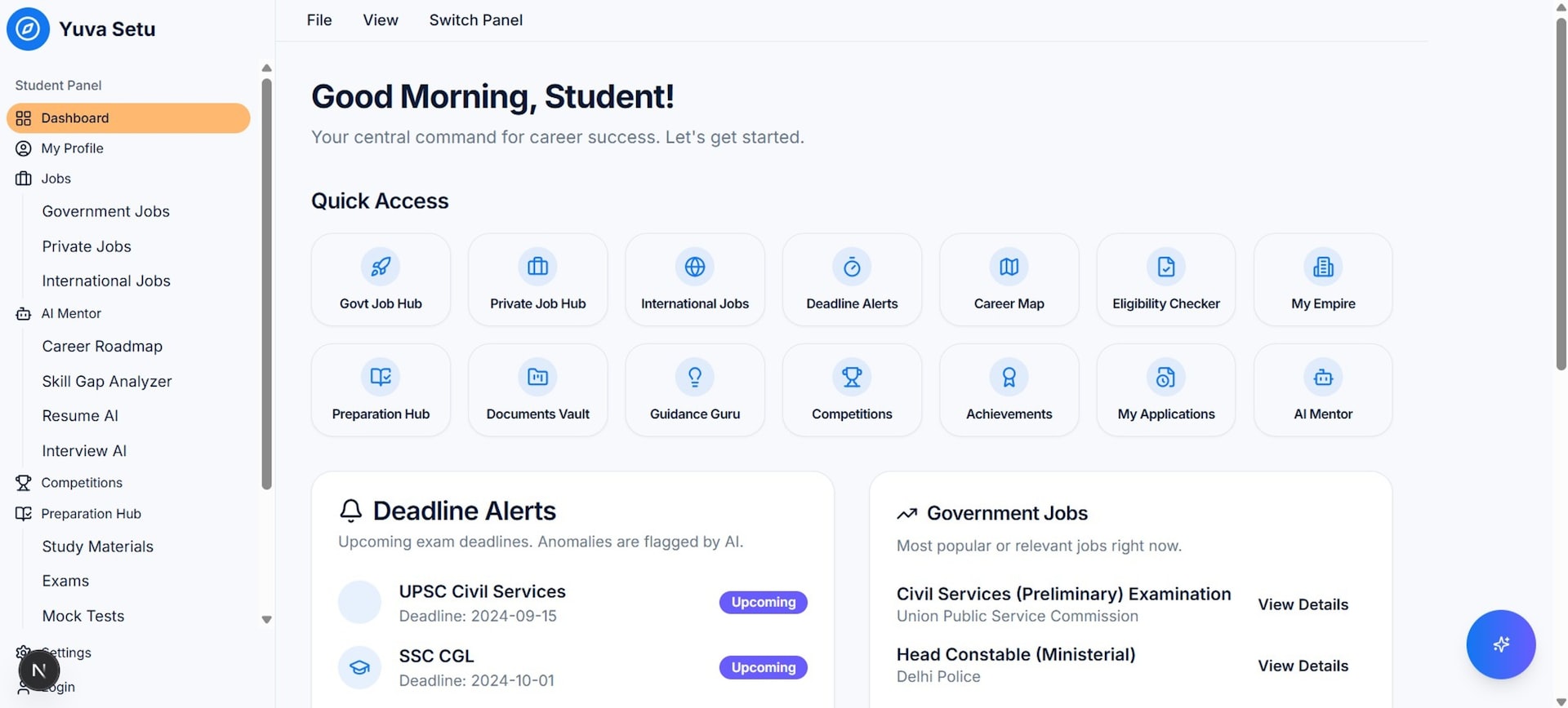 Student dashboard with quick access and alerts.